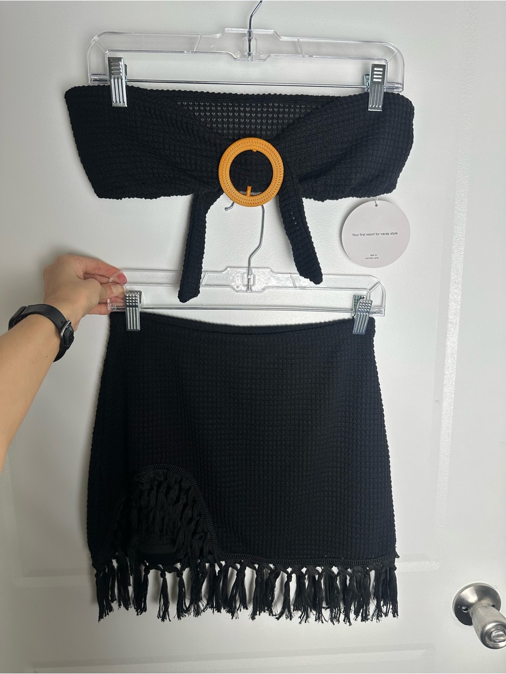 SHEIN Black Fringe Knit Mini Skirt and Bandeau Set with Amber Buckle